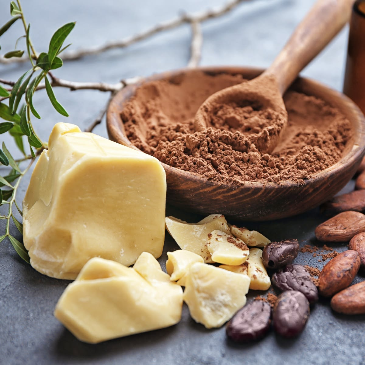 شرح مبسط يوضح الفرق بين زبدة الكاكاو والشوكولاتة البيضاء من حيث المكونات والاستخدامات في الغذاء والتجميل.